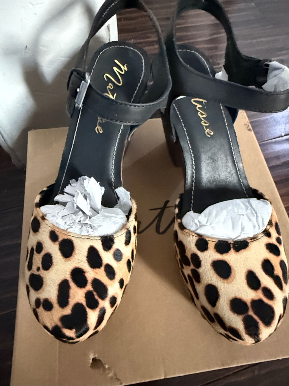 Matisse for Free People pony hair Leopard Print wooden platform clog, Sz. 9 New